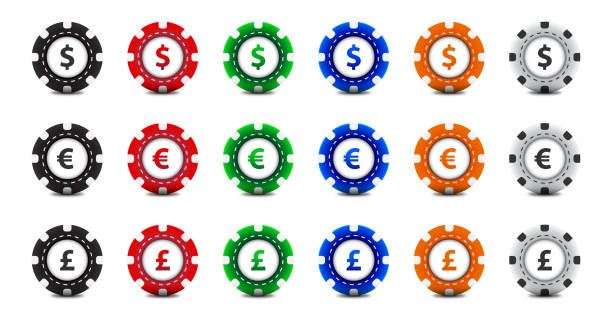 żetony kasynowe z symbolami pieniężnymi. kolekcja żetonów pokerowych. płaska ilustracja wektorowa. - gambling chip green stack gambling stock illustrations