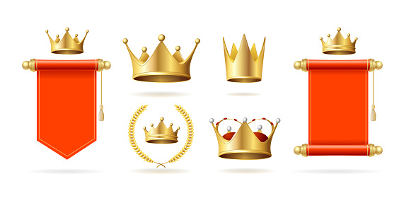 Realistic Detailed 3d Different Royal Signs Set Include of Gold King Crown and Medieval, Flag . Vector illustration