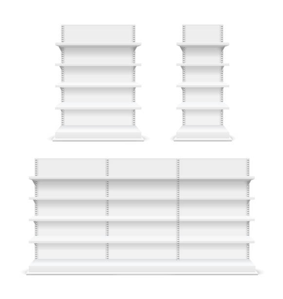 реалистичный детализированный 3d различные белые пустые полки магазина н�абор. вектор - rack stock illustrations