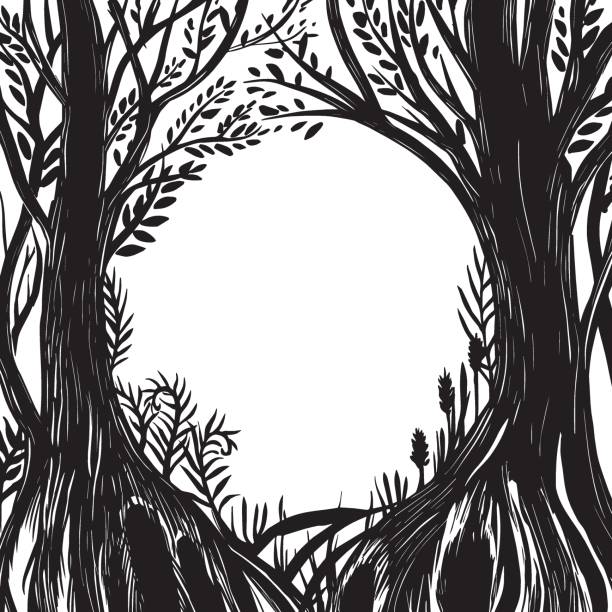 ilustrações de stock, clip art, desenhos animados e ícones de vector drawing, black and white magic forest frame. silhouette of a fabulous, magical forest. design for halloween. frame for cards, books. - characters shock concepts old fashioned