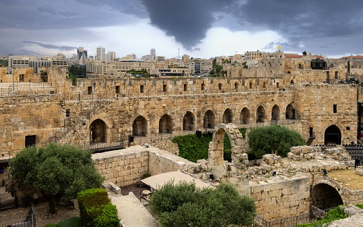 East Jerusalem, Palestine, May 2, 2019: View of the ardace of the archaeology museum Tower of David in Jerusalem. It is an ancient citadel located near the Jaffa Gate, the entrance to the Old City of Jerusalem.