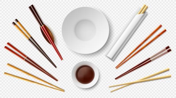 ilustrações de stock, clip art, desenhos animados e ícones de sushi chopsticks and soy sauce. realistic japanese restaurant tableware. wooden sticks. white porcelain bowl. utensil top view. chinese food serving. empty saucer. vector dishware set - hashis