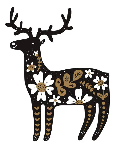 Vector illustration of Folk deer with nordic ornament. Scandi style animal
