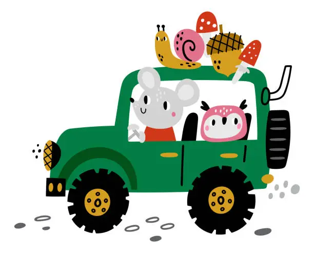Vector illustration of Forest animals traveling in green offroad car. Cute kid print