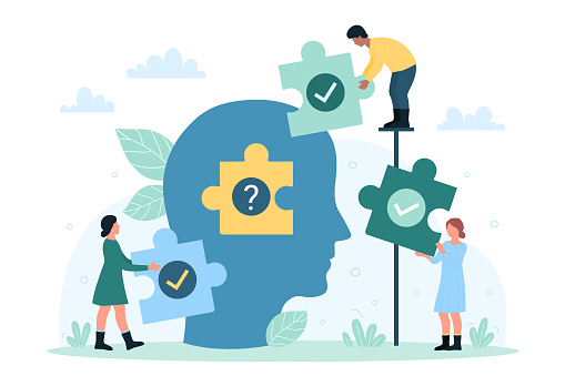Human brain health, knowledge and work on ideas and solving business problems vector illustration. Cartoon tiny people connect puzzle pieces with checkmarks and question mark inside abstract head