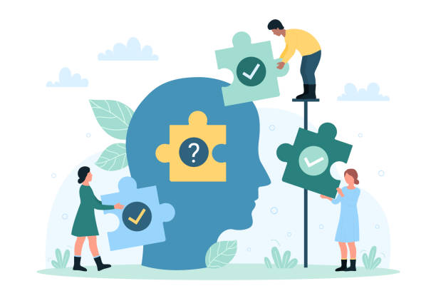 Human brain health, knowledge and tiny people work on ideas and solving business problems Human brain health, knowledge and work on ideas and solving business problems vector illustration. Cartoon tiny people connect puzzle pieces with checkmarks and question mark inside abstract head cartoon of conclusion stock illustrations