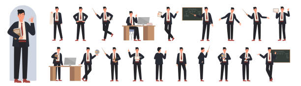 Young male teacher showing different poses and gestures set, man in suit holding globe Young male teacher showing different poses and gestures set vector illustration. Cartoon man in suit holding pointer and globe, guy explaining on lecture in front, side and back view isolated on white seminar classroom lecture hall university stock illustrations