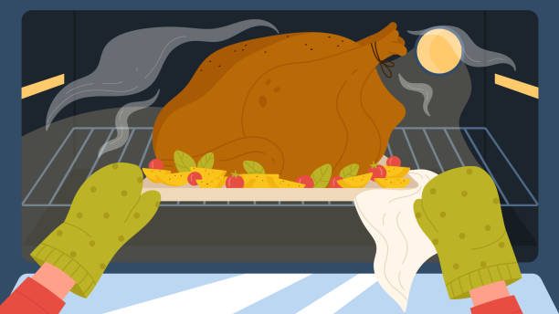 칠면조와 감자가 든 그릇 형태를 들고 구운 안전 장갑에 손을 얹고 요리사 요리 - chef chicken turkey cooked stock illustrations