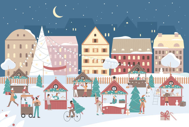 ilustraciones, imágenes clip art, dibujos animados e iconos de stock de escena del mercado navideño en la noche de las vacaciones de invierno, la gente compra en la feria de navidad - shopping christmas women retail