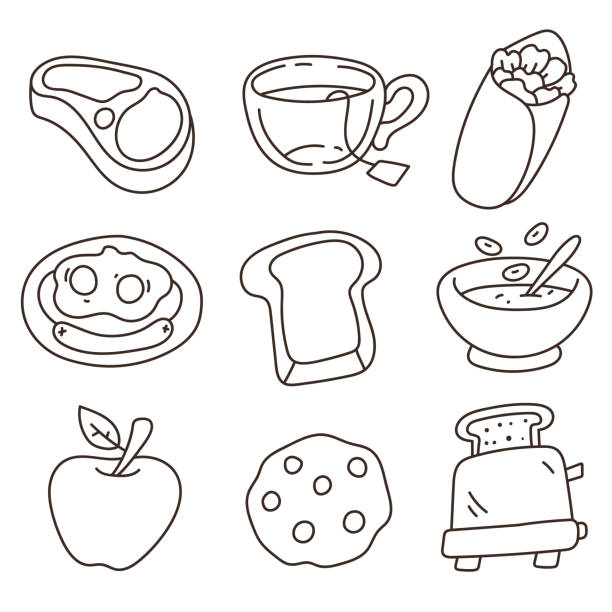 illustrations, cliparts, dessins animés et icônes de nourriture saine pour le petit-déjeuner, collection d’ensembles de conception graphique isolée - biscuit sausage sandwich breakfast