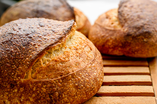 Close-up of fresh baked sourdough breads.