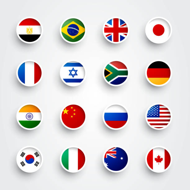 ilustraciones, imágenes clip art, dibujos animados e iconos de stock de conjunto de botones redondos con bandera del mundo - canadian flag flag national flag japan
