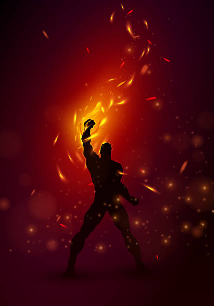 silhouette des superhelden mit feuer - god of fire stock-grafiken, -clipart, -cartoons und -symbole