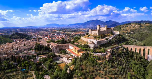 heritage of italy and  ancient landmarks of umbria . impressive spoleto town aerial view of castle rocca albornoz and splendid roman bridge ponte delle torri - spoleto bildbanksfoton och bilder