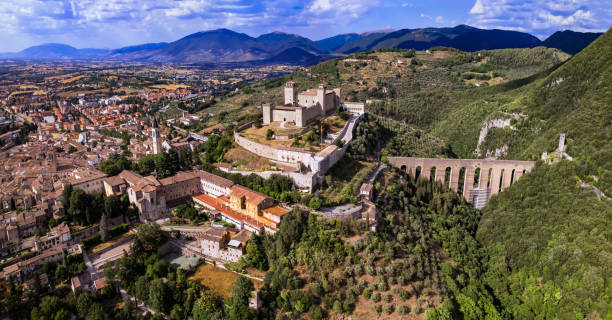 heritage of italy and  ancient landmarks of umbria . impressive spoleto town aerial view of castle rocca albornoz and splendid roman bridge ponte delle torri - spoleto bildbanksfoton och bilder