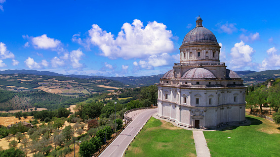Todi - medieval historic town of Umbria. Aerial veiw of famous Basilica Consolazione. Italy travel and landmarks