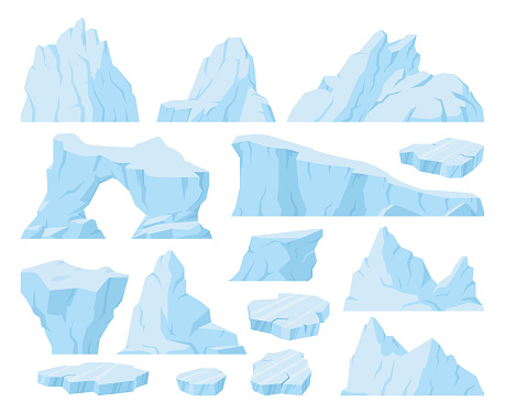 Cartoon icebergs, arctic glaciers, ice peaks and snow mountains. Frozen water crystals, blue ice blocks and floating ice floe vector symbols illustration set. Arctic ice collection