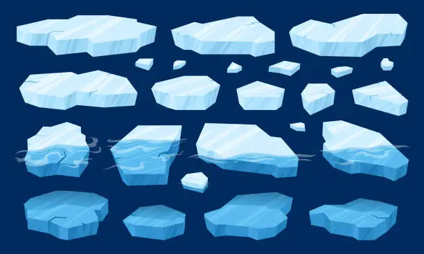 Vector illustration of Cartoon floating ice, frozen arctic blocks of ice. Glaciers and icebergs pieces, blue ice crystals floating in water vector symbols illustration set. Antarctic ice melt