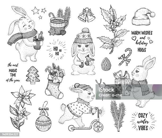 Christmas Rabbgit Colouring Winter Christmas Bunny Coloring Book Rabbit Vector Cute Cartoon ...