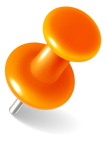Orange push pin mockup. Realistic thumb tack isolated on white background