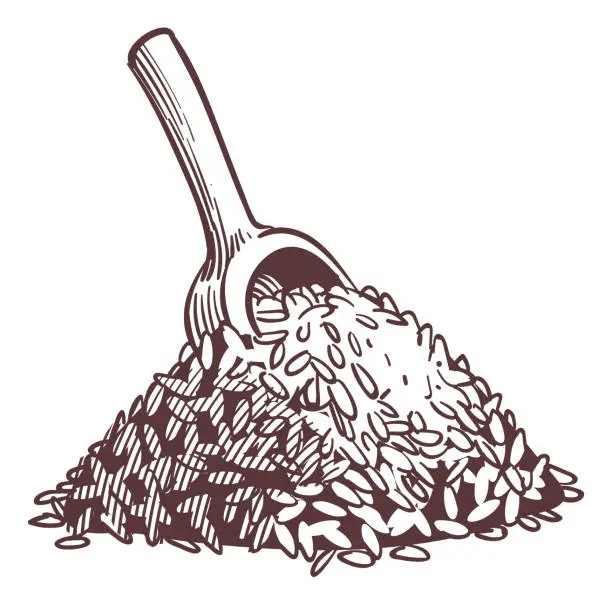 Vector illustration of Rice pile with wooden ladle. Grain engraving