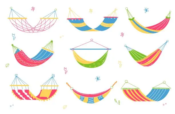 Vector illustration of Cartoon hammocks. Colorful summer garden swings, outdoor relax and comfort, backyard recreation, hanging fabric accessories, hand drawn relaxing elements, swanky vector isolated set