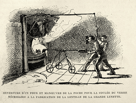 Vintage illustration foundry worker taking molten metal from a furnace, Victorian industrial history