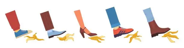 Vector illustration of Banana peel slip. Female and male feet stepping on peels, traumatic and misfortune situation, slippage moment, sneakers, boots and shoes, failure concept, nowaday vector doodle set