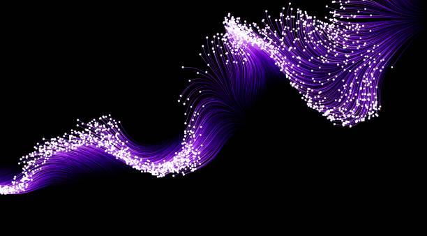 illustrations, cliparts, dessins animés et icônes de particules violettes circulant sur fond noir. - fiber optic data glowing flowing