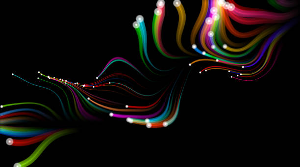 ilustraciones, imágenes clip art, dibujos animados e iconos de stock de partículas que fluyen multicolores sobre fondo negro. - cyberspace abstract backgrounds photon