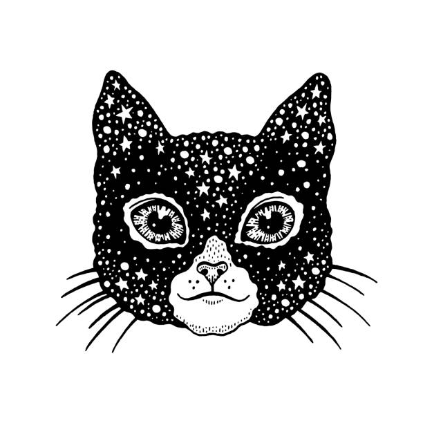猫の入れ墨。魔女の黒い子猫の顔。不思議の国の天の猫。抽象的なゴシック様式と錬金術的なtシャツのデザイン。クレイジーな笑顔のベクター動物。邪悪なサイケデリックな真夜中のイラス - witch smiling evil bizarre点のイラスト素材／クリップアート素材／マンガ素材／アイコン素材