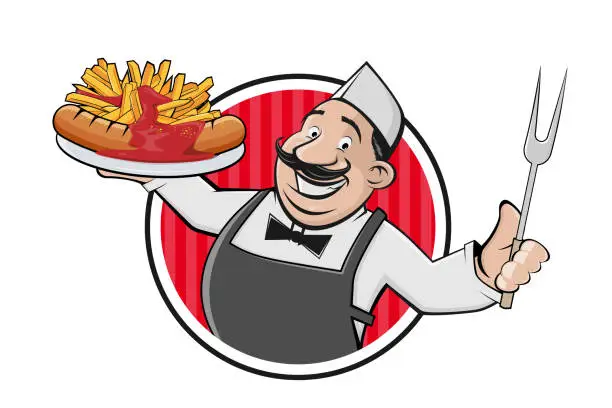 Vector illustration of happy cartoon man serving delicious German specialty Currywurst mit Pommes