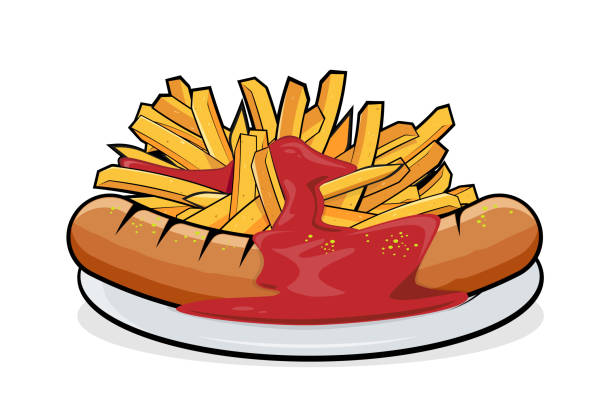 ilustraciones, imágenes clip art, dibujos animados e iconos de stock de ilustración de dibujos animados de la deliciosa especialidad alemana currywurst mit pommes - currywurst