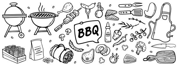 ilustrações de stock, clip art, desenhos animados e ícones de barbecue grill hand-drawn outline doodle set. bbq vector illustration barbecue party sketch. barbeque tools charcoal firewood and products - barbecue chicken illustrations