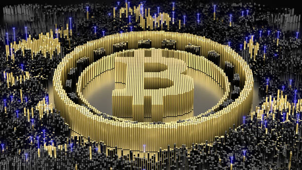 istock Bitcoin symbol in an abstract microstructure of black and gold blocks. 3d rendering image. Futuristic concept art. 1409361375