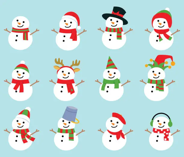 Vector illustration of Set of christmas snowmans isolated on white background. Cheerful snowmen in different costumes and scarf and hat.