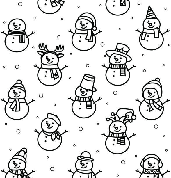 Black And White, Snowman set on a white isolated background Vector Black And White, Snowman set on a white isolated background frozen coloring pages stock illustrations