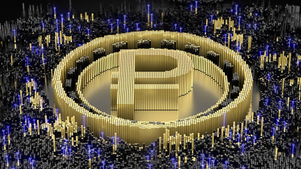 istock Russian ruble symbol in an abstract microstructure of black and gold blocks. 3d rendering image. Futuristic concept art. 1409361450