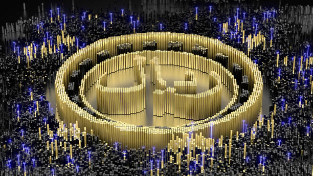 istock Iranian rial symbol in an abstract microstructure of black and gold blocks. 3d rendering image. Futuristic concept art. 1409361531