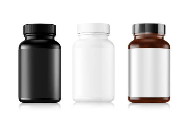 ilustrações de stock, clip art, desenhos animados e ícones de black, white and amber bottles mockup isolated on white background. - suplemento nutricional