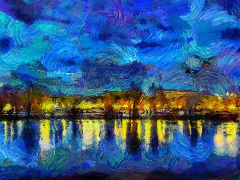 Oil painting - cityscape. Modern digital art, impressionism technique. Imitation of Vincent van Gogh style