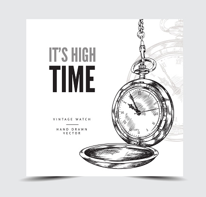 Banner or card mockup with vintage pocket watch, hand drawn engraving vector illustration isolated on white background. Time, punctuality concept banner.
