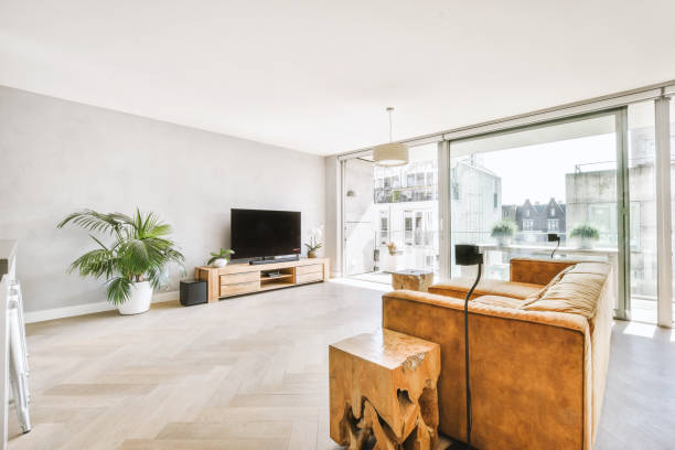 istock Light living room with big balcony window 1409367620