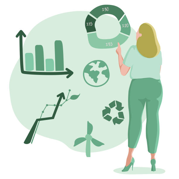 Business Woman Thinking About the Sustainability Sustainable Financial Planning Illustration of Business Woman Showing the Sustainability Sustainable Financial Planning Market volatility - financial planning and financial markets skin tone chart stock illustrations
