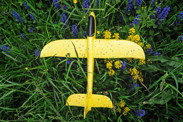 Children hand throw flying glider plane on green grass. Children toy for summer leisure activity.