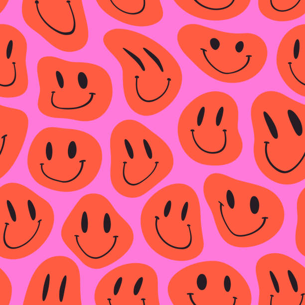 Groovy Melting Smiling Faces Seamless Pattern. Psychedelic Distorted Emoji Vector Background in 1970s Hippie Retro Style Groovy Melting Smiling Faces Seamless Pattern. Psychedelic Distorted Emoji Vector Background in 1970s Hippie Retro Style for Print on Textile, Wrapping Paper, Web Design and Social Media. distorted face stock illustrations