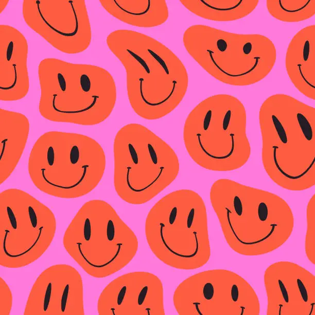Vector illustration of Groovy Melting Smiling Faces Seamless Pattern. Psychedelic Distorted Emoji Vector Background in 1970s Hippie Retro Style