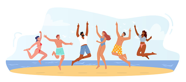 Group of Happy Young People in Swim Wear Jumping with Hands Up, Summer Vacation, Beach Party Celebration, Fun, Outdoor Activity. Male and Female Characters Rejoice. Cartoon Vector Illustration