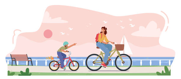ilustrações de stock, clip art, desenhos animados e ícones de young mother and son riding bicycle along embankment with seaview. boy and woman happy family characters walking - activity sport teenager nature
