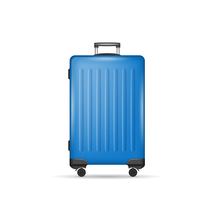 Realistic luggage bag isolated on white background. Large suitcase with metal handle and wheels for vacation travel or business trip. 3d vector illustration
